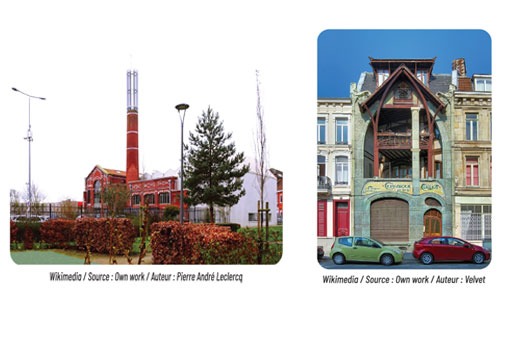 Two small architectural structures: left a red brick factory with a tall chimney; right a green ornate wooden façade building beside parked cars.