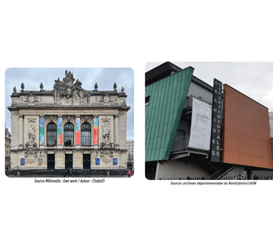 Twophotos: left a historic ornate theater façade with flags; right a modern angular building with green/orange panels.